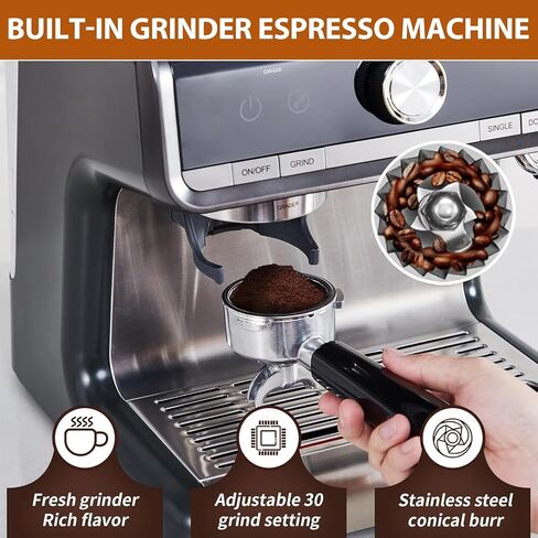 Espresso Machine,Semi Automatic Espresso Machine With Grinder,Specialist Espresso Maker With Milk Frother Steam Wand, 20 Bar Coffee Machine for Home/Cafes/Office/Surpermarket/Restaurants/Bakeries in Saudi Arabia
