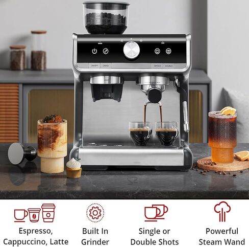 Espresso Machine,Semi Automatic Espresso Machine With Grinder,Specialist Espresso Maker With Milk Frother Steam Wand, 20 Bar Coffee Machine for Home/Cafes/Office/Surpermarket/Restaurants/Bakeries in Saudi Arabia