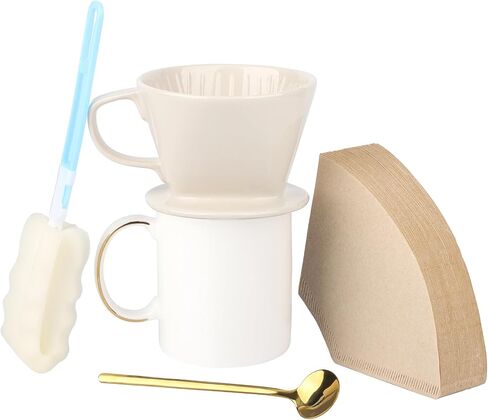 Segarty Pour Over Coffee Maker Set, Single Cup White Ceramic Coffee Dripper, 100 PCS Coffee Filters Size 2, 13oz White and Gold Trim Mug with Spoon and Brush, Pourover Set for Home Office in Saudi Arabia