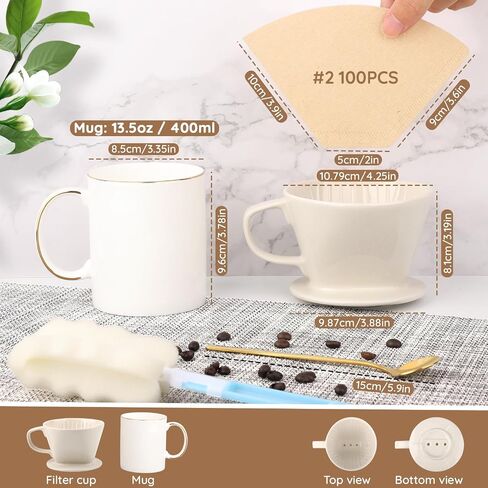 Segarty Pour Over Coffee Maker Set, Single Cup White Ceramic Coffee Dripper, 100 PCS Coffee Filters Size 2, 13oz White and Gold Trim Mug with Spoon and Brush, Pourover Set for Home Office in Saudi Arabia