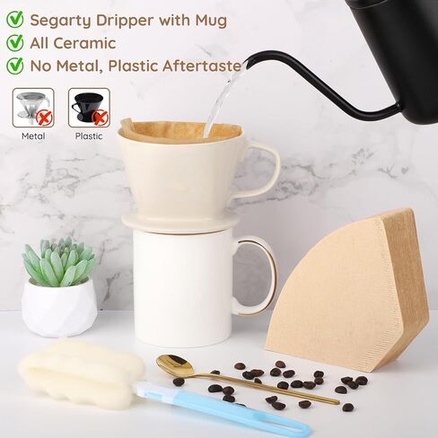 Segarty Pour Over Coffee Maker Set, Single Cup White Ceramic Coffee Dripper, 100 PCS Coffee Filters Size 2, 13oz White and Gold Trim Mug with Spoon and Brush, Pourover Set for Home Office in Saudi Arabia