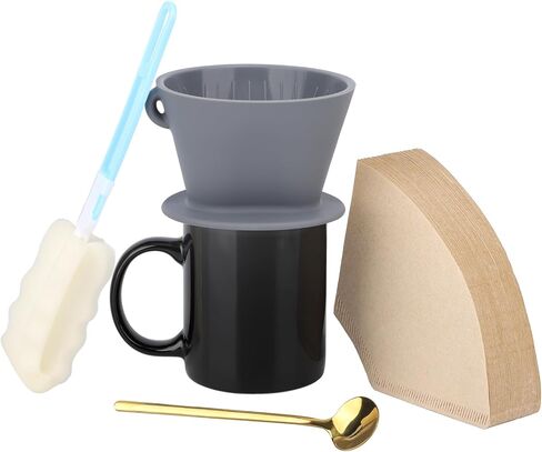 Segarty Pour Over Coffee Maker Set, Single Cup White Ceramic Coffee Dripper, 100 PCS Coffee Filters Size 2, 13oz White and Gold Trim Mug with Spoon and Brush, Pourover Set for Home Office in Saudi Arabia