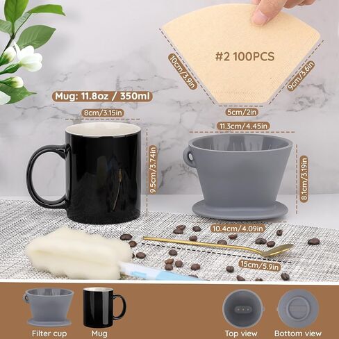 Segarty Pour Over Coffee Maker Set, Single Cup White Ceramic Coffee Dripper, 100 PCS Coffee Filters Size 2, 13oz White and Gold Trim Mug with Spoon and Brush, Pourover Set for Home Office in Saudi Arabia