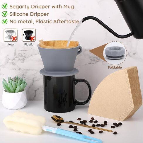 Segarty Pour Over Coffee Maker Set, Single Cup White Ceramic Coffee Dripper, 100 PCS Coffee Filters Size 2, 13oz White and Gold Trim Mug with Spoon and Brush, Pourover Set for Home Office in Saudi Arabia
