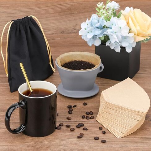 Segarty Pour Over Coffee Maker Set, Single Cup White Ceramic Coffee Dripper, 100 PCS Coffee Filters Size 2, 13oz White and Gold Trim Mug with Spoon and Brush, Pourover Set for Home Office in Saudi Arabia