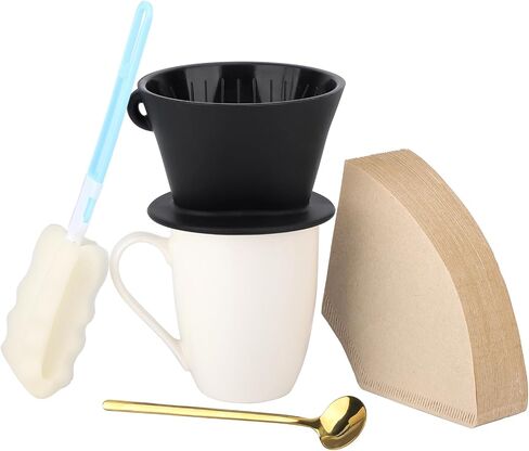 Segarty Pour Over Coffee Maker Set, Single Cup White Ceramic Coffee Dripper, 100 PCS Coffee Filters Size 2, 13oz White and Gold Trim Mug with Spoon and Brush, Pourover Set for Home Office in Saudi Arabia