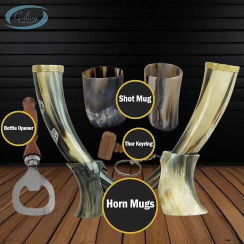 Viking Drinking OX Horn | Tankard | Mug | Cup for Ale, Beer, Mead, Wine, Shot Glass, Bottle Opener |100% Leak Free | Natural and Handmade | COMBO OFFERS (6 SHOT GLASS ENGRAVED COMBO) in Saudi Arabia