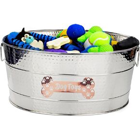 Stainless Steel Indestructible Dog Toy Bin - Pet Storage Bin with Handles, Large Organizer Storage Basket for Pet Toys, Blankets, Leashes - Pawprint Design Home Decor (Silver - 25 Quart)
