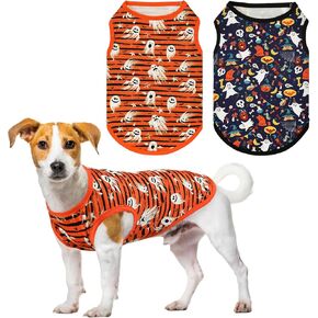 2PCS Halloween Puppy Sleeveless Tank Tops Dog Ghost Spooky Bat Pumpkin Pattern Shirts Halloween-Themed Apparel Vest for Small Middle-Sized Dog Cat M