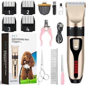 Dog Grooming Kit & Paw Trimmer-Low Noise Electric Quiet Clippers Set, Rechargeable Cordless Pet Hair Clippers for Thick Coats with Scissors & Trimmer -Professional Grooming Tools for Dogs, Cats, Pets
