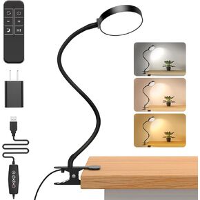 Reading Light with Remote, LED Desk Lamp Clip on [1H Timer & Nightlight] RA>95 Dimmable Flexible Gooseneck, USB Reading Lamp Clamp for Table - 3.5'' (Adapter Included)