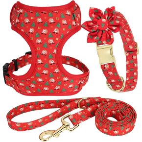 Beirui Christmas Dog Collars, Harnesses & Leashes Set - Cute Girl Dog Collar and Leash Set with Flower - Soft Mesh Dog Vest Harness for Puppies Small & Extra Small Dogs(Christmas Green,M)