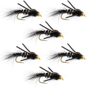 The Fly Fishing Place Tungsten Bead Head Nymph Fly Fishing Flies - Rubber Legs Black Gold Ribbed Hare's Ear Trout Fly - Nymph Wet Fly - 6 Flies Hook Size 16