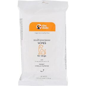 The Dodo Multipurpose Wipes for Dogs, Sweet Vanilla Almond with Hemp Seed and Castor Oil; Easy Wipes for Dogs, Waterless Grooming Supplies