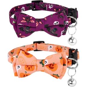 2pcs Halloween Cat Collar with Bell, Kitten Collar Adjustable Cat Collar with Bow Tie Bat Skull Pumpkin Print Kitty Bowtie Collar Fall Halloween Decoration Accessories for Cat Dog