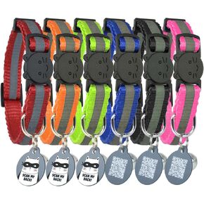 Reflective Cat Collar with ID Tags QR Code, Set of 6, Name Tag, Solid & Safe Collars for Cats, Nylon, Mixed Colors, Pet Collar, Breakaway Cat Collar