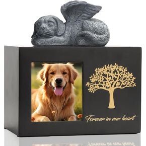 Pet Urn for Dog Ashes Dog Box Wooden Black Dog Urns for Ashes Pet Ashes Box with Dog Angel and Ashes Bag
