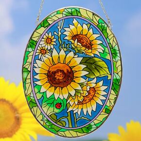XLAN Rectangle Sunflower Sun Catcher Stained Glass Window Hangings, Handmade Decor Garden Suncatchers, Gifts for Family,Friends and Flower Lovers 8"X12"