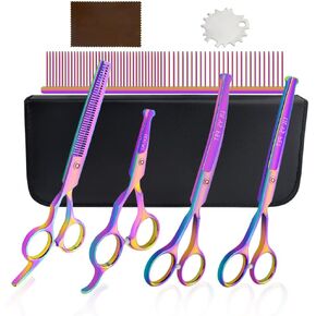LILYS PET Safe Round-Tip Professional PET DOG Grooming Coated Titanium scissors suit Cutting&Curved&Thinning shears Set (Rainbow)