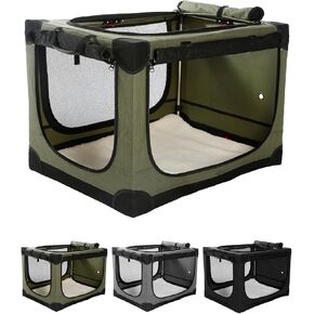 36 Inch Collapsible Travel Dog Crate for Medium Large Dogs, Portable Dog Crate 4-Door Foldable Soft Kennel with Chew-Proof Mesh Windows for Indoor & Outdoor Travel,with Storage Bag,Green
