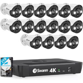 نظام كاميرا مراقبة المنزل Swann، 16 قناة 16 كاميرا POE NVR 4K Ultra HD، CCTV للمراقبة السلكية الداخلية/الخارجية، التعرف على الوجه، رؤية ليلية، أضواء مستشعر الحركة، 2 تيرابايت HD، SONVK-1686816FB