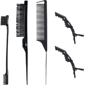 4 Pieces Hair Styling Comb Set Black - Edges Control Brush, Bristle Teasing Brush, Rat Tail Comb, Wrap Wig Grip Band - Edge Back Combing Brushing Slicking - Women Girls Stylist Baby Beauty Accessories