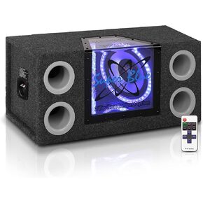 1000W Dual Bandpass Speaker System - Car Audio Subwoofer w/ Neon Accent Lighting, Plexi-Glass Front Window w/ 4 Tuned Ports, Silver Polypropylene Cone & Rubber Edge Suspension - Pyramid BNPS102