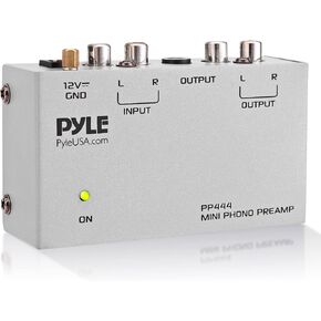 PYLE-PRO PyleUsa Phono Turntable Preamp Mini Electronic Audio Stereo Phonograph Preamplifier، مخرج RCA وتشغيل منخفض الضوضاء مدعوم بمحول تيار مستمر 12 فولت (PP777)