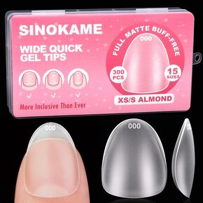 SINOKAME Extra Short Wide Almond Nail Tips, Inclusive Size 000 16mm Widths for Wide Normal Skinny Short Nail Beds, S/XS Almond Sturdy Quick Gel Tips Full Matte Pre-buff, Soak Off DIY Acrylic Nails False Press on Nail Tips, Clear 15 Sizes