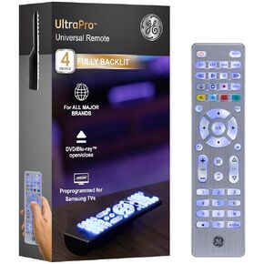GE Backlit Universal Remote Control for Samsung, Vizio, LG, Sony, Sharp, Roku, Apple TV, TCL, Panasonic, Smart TV, Streaming Players, Blu-Ray, DVD, Simple Setup, 4-Device, Silver, 48844