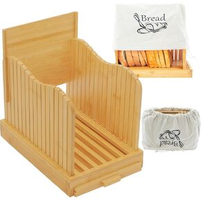 MinBoo Bamboo Bread Slicer for Homemade Bread, Bread Slicing Guide Adjustable Width, Foldable and Compact Bread Cutting Board with Crumb Tray,Includes Bread Bag for Storage,Bamboo
