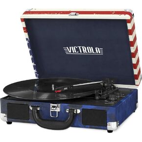Victrola Vintage 3-Speed Bluetooth Portable Suitcase Record Player with Built-in Speakers | Upgraded Turntable Audio Sound| Includes Extra Stylus | American Flag (VSC-550BT-USA) Amercan
