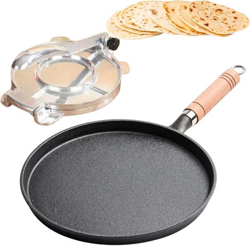 جهاز ضغط التورتيلا مقاس 8 بوصة، صانع التورتيلا مع مقلاة كومال من الحديد الزهر للتورتيلا - حزمة من مقلاة التورتيلا من الحديد الزهر لصنع روتي تاكو، دوسا وجهاز ضغط التورتيلا المتبل مسبقًا in Kuwait