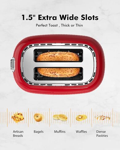 2 Slice Toaster with Extra Wide Slots & Removable Crumb Tray - 6 Browning Options, High Lift, Auto Shut Off & Frozen Function, Toast Fruit Bread, Bagel & Waffle, Red in Saudi Arabia