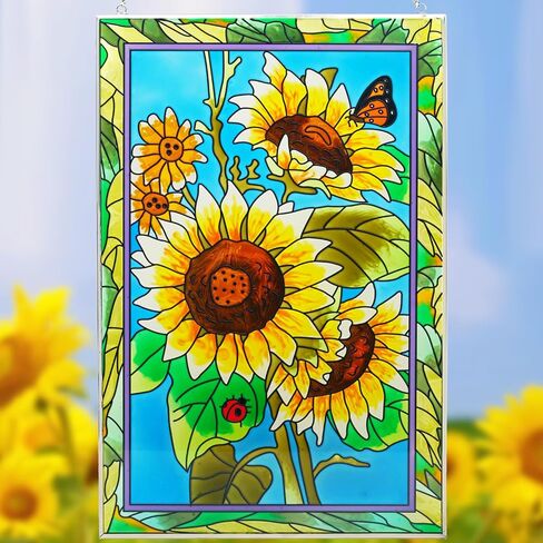 XLAN Rectangle Sunflower Sun Catcher Stained Glass Window Hangings, Handmade Decor Garden Suncatchers, Gifts for Family,Friends and Flower Lovers 8"X12" in Saudi Arabia