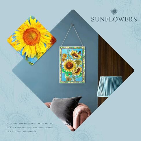 XLAN Rectangle Sunflower Sun Catcher Stained Glass Window Hangings, Handmade Decor Garden Suncatchers, Gifts for Family,Friends and Flower Lovers 8"X12" in Saudi Arabia
