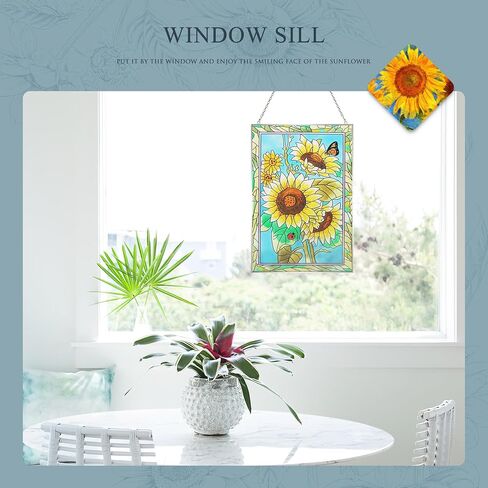 XLAN Rectangle Sunflower Sun Catcher Stained Glass Window Hangings, Handmade Decor Garden Suncatchers, Gifts for Family,Friends and Flower Lovers 8"X12" in Saudi Arabia