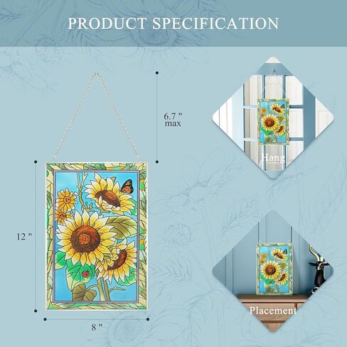 XLAN Rectangle Sunflower Sun Catcher Stained Glass Window Hangings, Handmade Decor Garden Suncatchers, Gifts for Family,Friends and Flower Lovers 8"X12" in Saudi Arabia