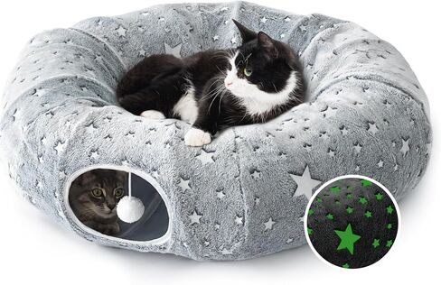Love's cabin Cat Tunnel Bed Tube with Cushion and Plush Ball Toy Playground Crinkle Collapsible Self-Luminous for Large Cats Kittens Kitty Small Animals Puppy Grey Star in Saudi Arabia