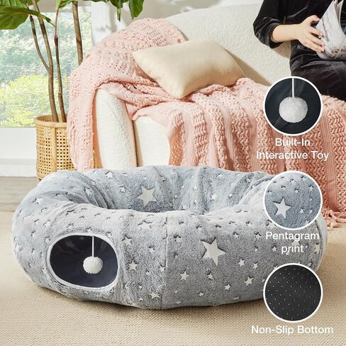 Love's cabin Cat Tunnel Bed Tube with Cushion and Plush Ball Toy Playground Crinkle Collapsible Self-Luminous for Large Cats Kittens Kitty Small Animals Puppy Grey Star in Saudi Arabia