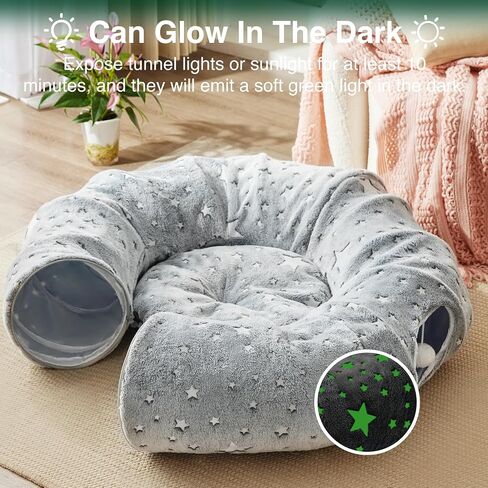 Love's cabin Cat Tunnel Bed Tube with Cushion and Plush Ball Toy Playground Crinkle Collapsible Self-Luminous for Large Cats Kittens Kitty Small Animals Puppy Grey Star in Saudi Arabia