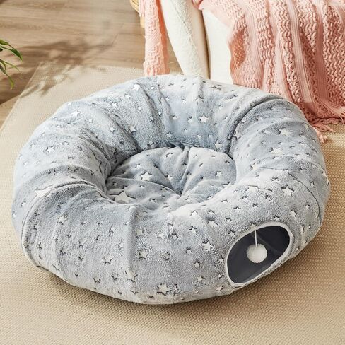 Love's cabin Cat Tunnel Bed Tube with Cushion and Plush Ball Toy Playground Crinkle Collapsible Self-Luminous for Large Cats Kittens Kitty Small Animals Puppy Grey Star in Saudi Arabia