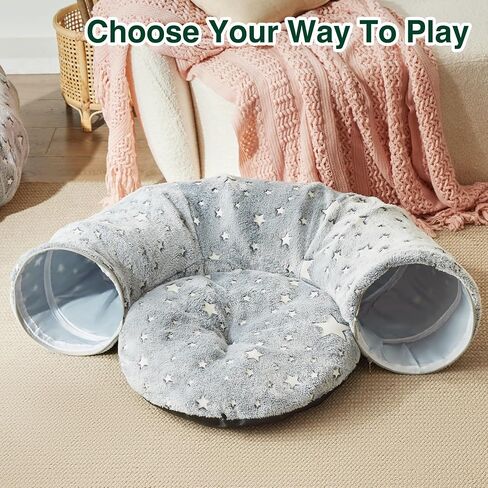Love's cabin Cat Tunnel Bed Tube with Cushion and Plush Ball Toy Playground Crinkle Collapsible Self-Luminous for Large Cats Kittens Kitty Small Animals Puppy Grey Star in Saudi Arabia