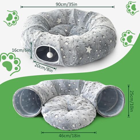 Love's cabin Cat Tunnel Bed Tube with Cushion and Plush Ball Toy Playground Crinkle Collapsible Self-Luminous for Large Cats Kittens Kitty Small Animals Puppy Grey Star in Saudi Arabia