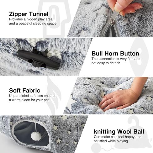 Love's cabin Cat Tunnel Bed Tube with Cushion and Plush Ball Toy Playground Crinkle Collapsible Self-Luminous for Large Cats Kittens Kitty Small Animals Puppy Grey Star in Saudi Arabia