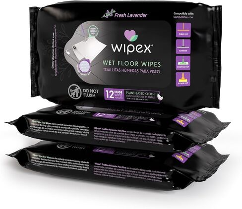 Wipex XL Wet Floor Wipes for Squeegee Stick, Cuban Mop or Sweeping Mop, Plant Based Multi Surface Cleaning Wipes, Lavender Scent, Huge Disposable Wipes (24" x 14"), Extra Thick, 12 Count (Pack of 1) in Saudi Arabia