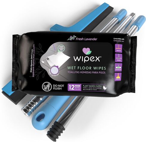 Wipex XL Wet Floor Wipes for Squeegee Stick, Cuban Mop or Sweeping Mop, Plant Based Multi Surface Cleaning Wipes, Lavender Scent, Huge Disposable Wipes (24" x 14"), Extra Thick, 12 Count (Pack of 1) in Saudi Arabia