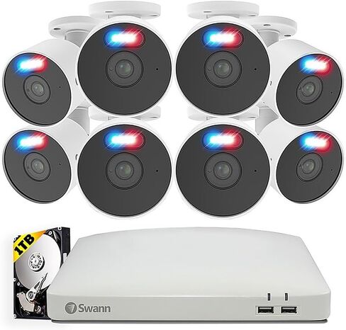 Swann Enforcer 4K نظام كاميرا أمان داخلي/خارجي، 4 كاميرات رصاصة و1 كاميرا Pan Tilt PT Cam 8 قنوات DVR 2 تيرابايت HDD مراقبة سلكية CCTV، أضواء مستشعر الحركة، رؤية ليلية، صفارة إنذار، DVK-85680W4RLPT in Kuwait