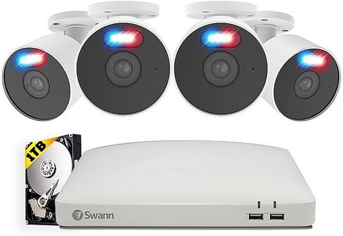 Swann Enforcer 4K نظام كاميرا أمان داخلي/خارجي، 4 كاميرات رصاصة و1 كاميرا Pan Tilt PT Cam 8 قنوات DVR 2 تيرابايت HDD مراقبة سلكية CCTV، أضواء مستشعر الحركة، رؤية ليلية، صفارة إنذار، DVK-85680W4RLPT in Kuwait