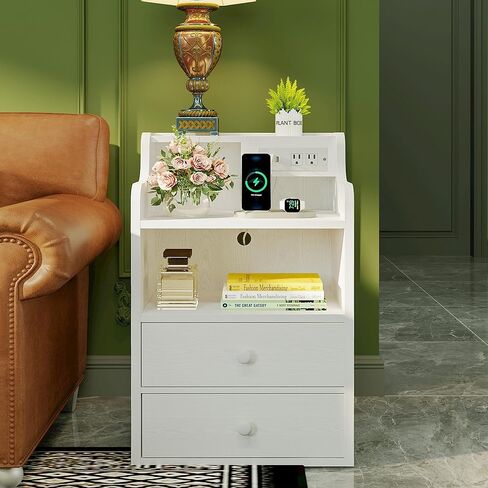 LIKIMIO White Nightstand with Charging Station 2 Drawers and Storage Shelves, Left and Right Interchangeable Sockets Bed Side Table Night Stand with Drawer in Saudi Arabia